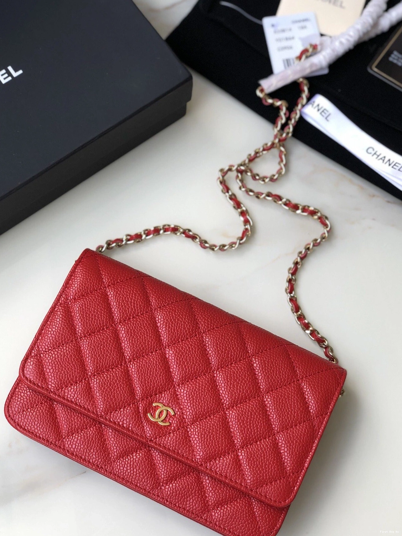 First Bag Ru CAVIAR GOLD CHAIN CHANEL WALLET WITH HARDWARE 0726